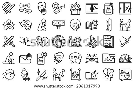 Violence at school icons set outline vector. Victim abuse. Family depresion Royalty-Free Stock Photo #2061017990
