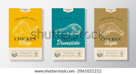 Poultry Abstract Vector Packaging Labels Design Set. Modern Typography Banner, Hand Drawn Chicken Wing, Drumstick Leg and Thigh Sketch Silhouettes. Color Paper Background Layouts Collection. Isolated. Royalty-Free Stock Photo #2061021212