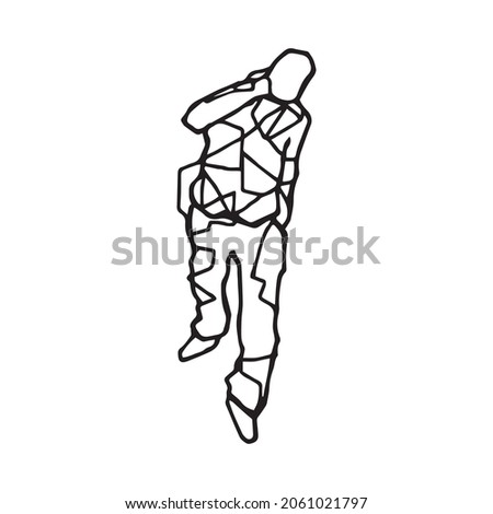 Man walking trying to signal something with his hand, sketched outline drawing. Human try to gesture something while he is in a walk silhouette illustration. People are crazy. Person walking symbol.