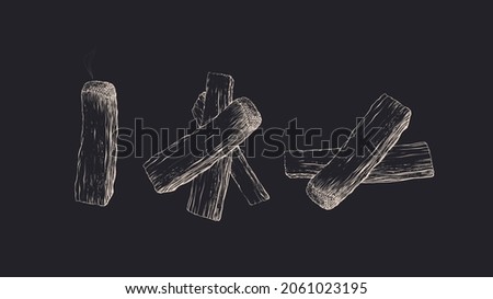 Palo santo tree set. Aroma holy sticks from Argentina. Natural incense for ceremonial, meditation. Vector engraving on black background