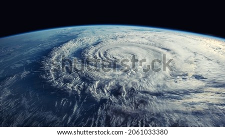 Super Typhoon, tropical storm, cyclone, hurricane, tornado, over ocean. Weather background. Typhoon,  storm, windstorm, superstorm, gale moves to the ground.  Elements of this image furnished by NASA. Royalty-Free Stock Photo #2061033380
