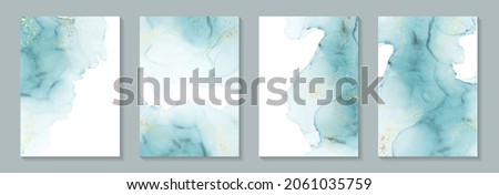 Modern watercolor background or elegant card design for birthday invite or wedding or menu with abstract blue ink waves and golden splashes on a white.