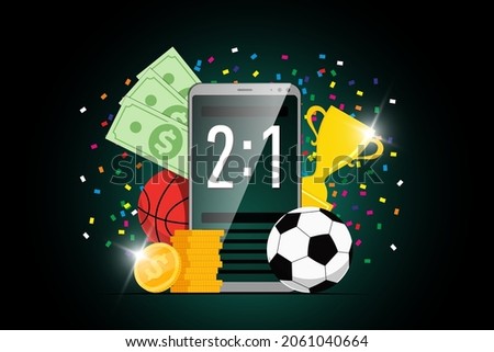 Online sport betting mobile app banner design template with statistics scoreboard on smartphone screen and soccer basketball ball, trophy award cup and winner dollar coins. Bookmaker promo advertising Royalty-Free Stock Photo #2061040664