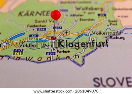 Klagenfurt pinned on a map of Austria. Map with red pin point of Klagenfurt in Austria.