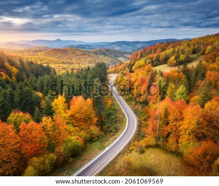 Aerial view of road in colorful forest at sunset in autumn. Top view from drone of mountain road in woods. Beautiful landscape with roadway, blue sky, trees with red and orange leaves in fall. Travel Royalty-Free Stock Photo #2061069569