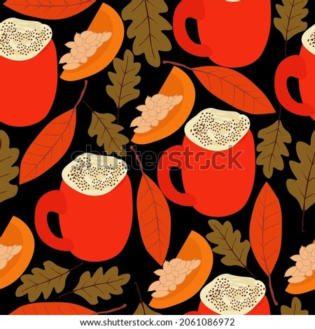 Pumpkin spice latte seamless pattern, bright cups with a drink and autumn elements on a black background vector illustration