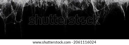 Creepy hanging spider web or cobweb on black, top border. Spooky Halloween or gothic background. Royalty-Free Stock Photo #2061116024