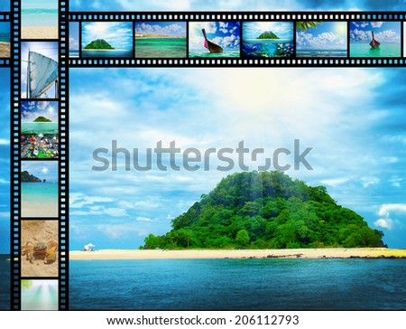 Film strip with beautiful holiday pictures of tropical beach