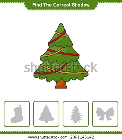 Find the correct shadow. Find and match the correct shadow of Christmas Tree. Educational children game, printable worksheet, vector illustration