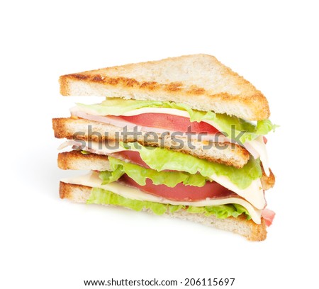 Toast sandwich with meat and vegetables. Isolated on white background
