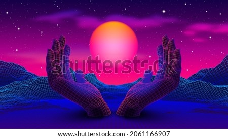 Neon colored 80s or 90s styled landscape with 3D hands holding the glowing purple sun Royalty-Free Stock Photo #2061166907