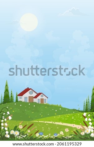 Spring village with a farmhouse and bright light on the sunny day,Vector Summertime landscape of farm field, hill, blue sky with cloudy at the countryside, Vertical Beautiful Natural background banner