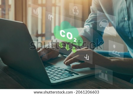 reduce CO2 emission concept with icons, global warming Royalty-Free Stock Photo #2061206603
