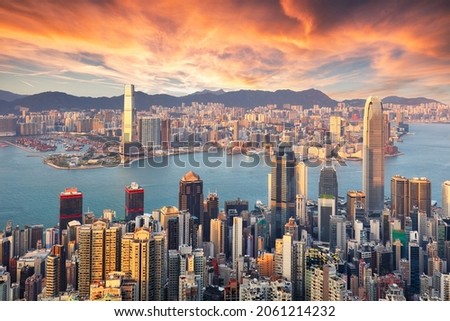 Hong Kong at sunset, China skyline