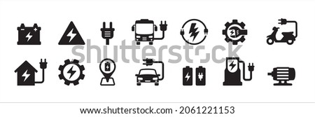 Electric car, bus, motorcycle vector icon set. Renewable electric power vehicle icons illustration. Contain icon such as car, location symbol, motor, charging station, maintenance and repair Royalty-Free Stock Photo #2061221153