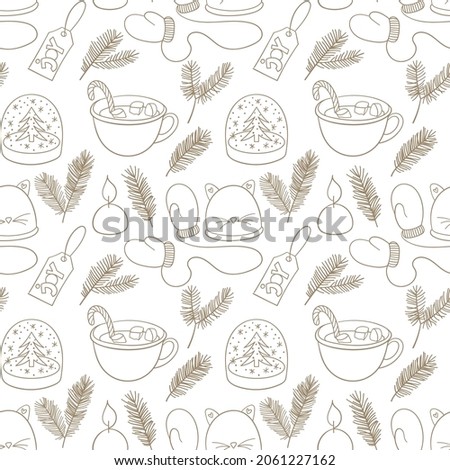 Seamless pattern with doodles of warm winter elements. Hot chocolate drink, fir branches, cute hat and mittens, candle, Christmas tree ball. 