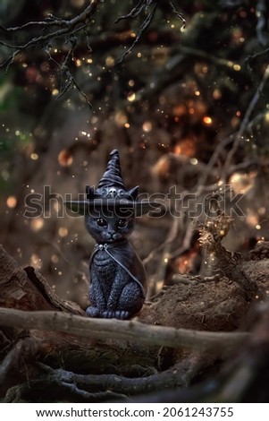 black cat figurine with witch hat in forest, mystery autumn dark natural background. black cat - symbol of witchcraft, magic. samhain sabbat, Halloween holiday. fall season. template for design