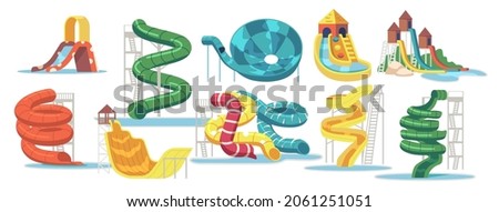 Set of Water Slides, Waterpark Aquapark and Swimming Pool Equipment, Items for Amusement Park, Recreation Fun Graphic Design Elements Isolated on White Background. Cartoon Vector Illustration