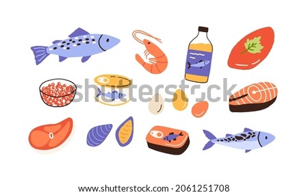 Healthy food set with seafood, fish, meat, eggs. Grocery collection with caviar, salmon, codfish, mussels, shrimp, sprats and steaks. Flat vector illustration of nutrition isolated on white background