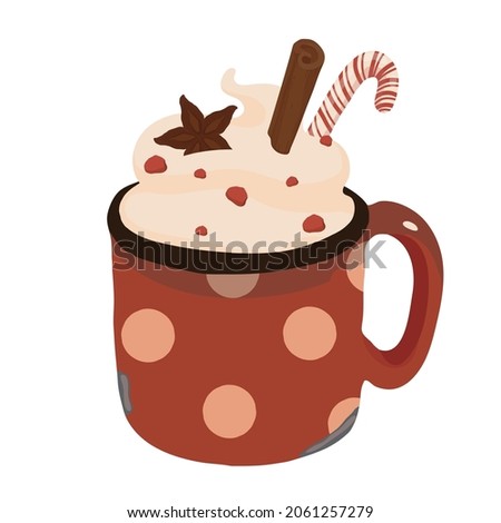 Tea time. Cozy winter. Metal red mug with white polka dots. Spices, cinnamon. Christmas caramel. Coffee, tea, cocoa, hot chocolate. Whipped cream. Vector colorful element on a white background