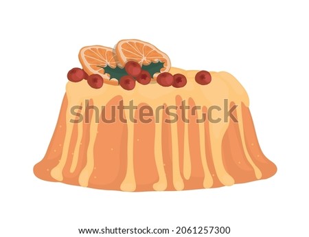 Christmas pudding with icing. oranges, red berries. Party, celebration, Christmas, New Year. Isolated vector colorful element on a white background. 