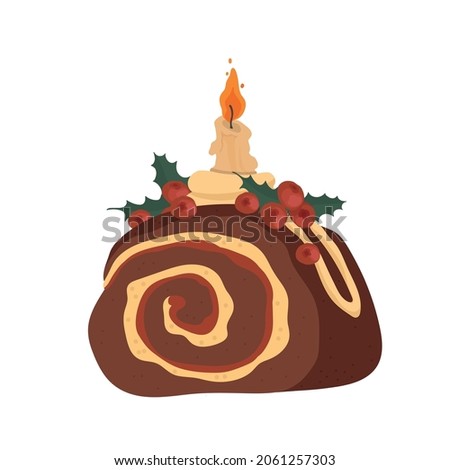 Christmas log roll. Holly, ilex. Candle. Party, celebration, Christmas, New Year. Isolated vector colorful element on a white background. 
