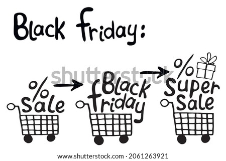 Set of Vector Shopping carts with image of gift boxes with letterings Best price, Super Sale. Hand drawn poster, title or design element in doodle flat style on theme of Black Friday, buys, discounts