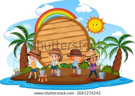 Many kids fishing on the island with an empty banner isolated on white background illustration