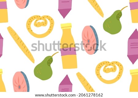 Seamless pattern with food and drink. Bottle of juice, salmon, pear, bakery, candy.