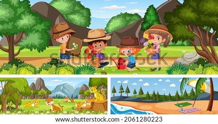 Set of different outdoor panoramic landscape scenes with cartoon character illustration