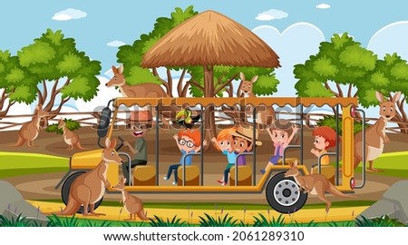 Safari scene at daytime with children tourists watching kangaroo group illustration