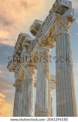 The Temple of Apollo is a Roman temple built around 150 A.D.  on the Mediterranean Sea coast.  Side Antalya Turkey. Cloudy Sunset  Sky. Selective Focus Columns.