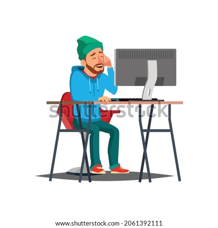 happiness man hipster create cute image on computer cartoon vector. happiness man hipster create cute image on computer character. isolated flat cartoon illustration