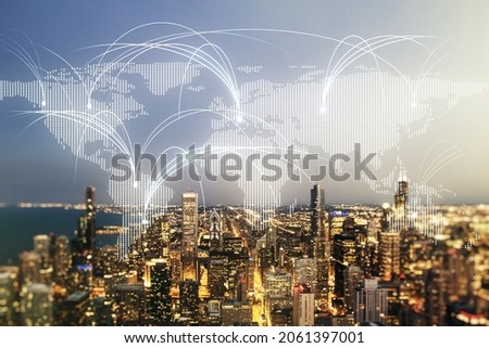 Double exposure of abstract digital world map hologram with connections on Chicago city skyscrapers background, research and strategy concept