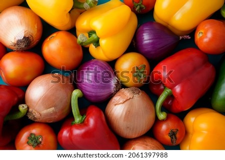 Various colored vegetables flat lay, knolling. Prebiotics, estrogen dominance, keto, paleo diet, or organic with plant based concept. Royalty-Free Stock Photo #2061397988