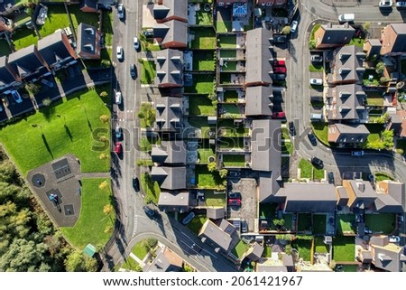 Aerial view of housing estate in England. Looking straight down satellite image style.British neighbourhood