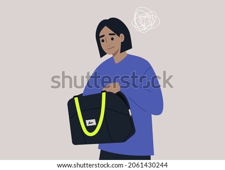 Young  anxious female character looking for keys or money in their bag, a daily routine scene