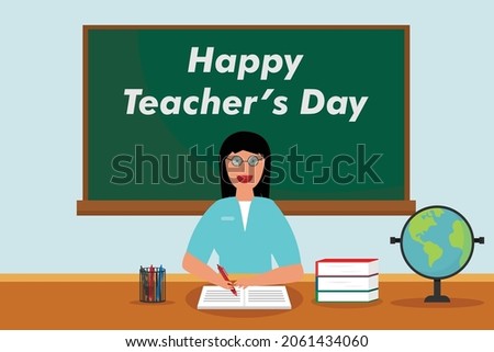 Teachers day vector concept: Female teacher sitting with happy teachers day text on the chalkboard 