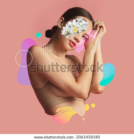 Contemporary artwork of beautiful girl with tender flower face elements and colorful splashes isolated over pink background. Concept of art, creativity, imagination, beauty, youth. Copy space for ad