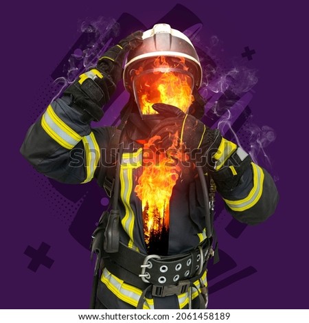 Contemporary art collage of firefighter with burning forest element isolated on purple background. Save the nature. Concept of art, creativity, imagination, rescue, safety, culture. Copy space for ad
