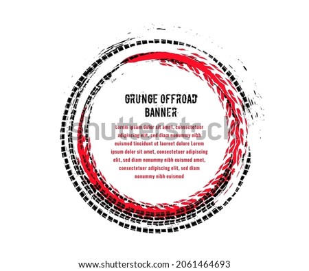 Tire tracks print circular-shaped texture. Automotive grunge round banner. Off-road skid marks template. Editable vector illustration. Graphic image in black, red colour isolated on a white background