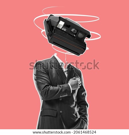 Camera man. Male model in business suit with target board instead head isolated on red background. Contemporary art collage. Inspiration, idea, urban magazine style. Captured bright moments of life