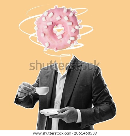 Morning coffee makes things better. Man in business suit with glazed donut instead head Modern design, contemporary art collage. Inspiration, idea, ad, trendy urban magazine style. Goodie, sweets