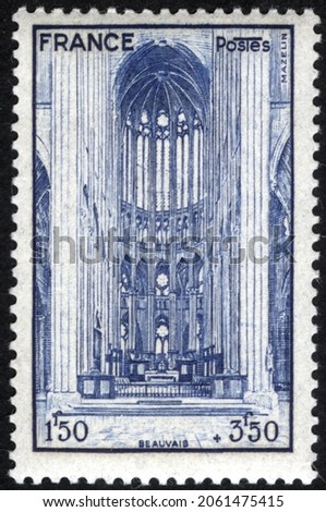 Postage stamps of the France. Stamp printed in the France. Stamp printed by France. Royalty-Free Stock Photo #2061475415