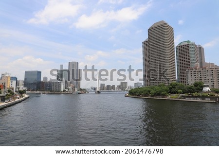 Sumida River and Tokyo cityscape seen from the bridge