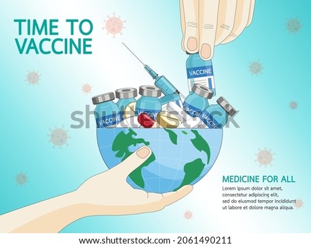 Coronavirus vaccine disease COVID-19. Syringe and vaccine vial injection tool for covid19 immunization treatment. Sharing medicine vaccine covid for all. Vector illustration background.