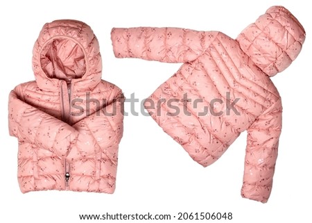 Winter jacket isolated. Stylish pink cosy warm winter down jacket for kids in two views isolated on a white background. Fashionable clothing for children for spring and autumn.
