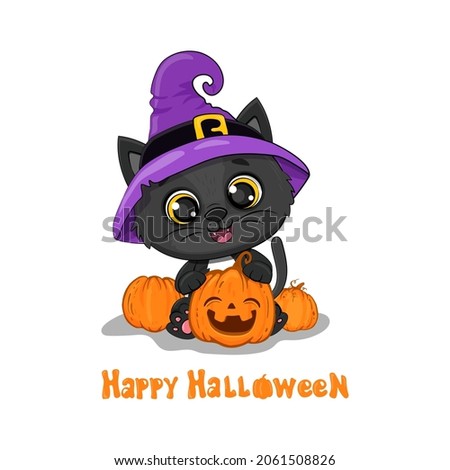 Halloween cat with pumpkin, Cute cartoon black kitten, halloween card. Vector illustration