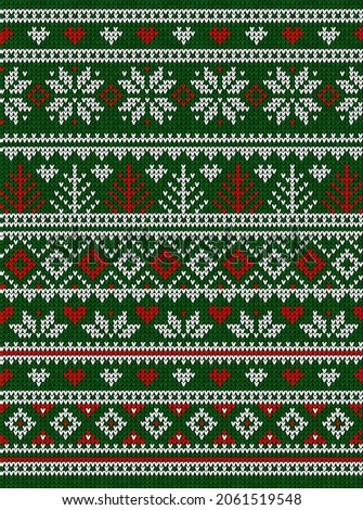 Ugly sweater Christmas Greeting Card X-mas Happy New Year. Vector illustration knitted background pattern scandinavian ornaments. White, red, green colors knitting. Flat style knit