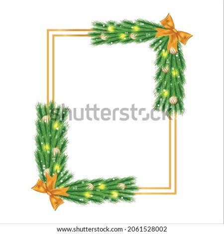 Christmas frame with golden-white balls, pine branch, golden ribbon. Xmas frame on white background. Realistic square photo frame with star lights, snowflakes, and golden ribbon.